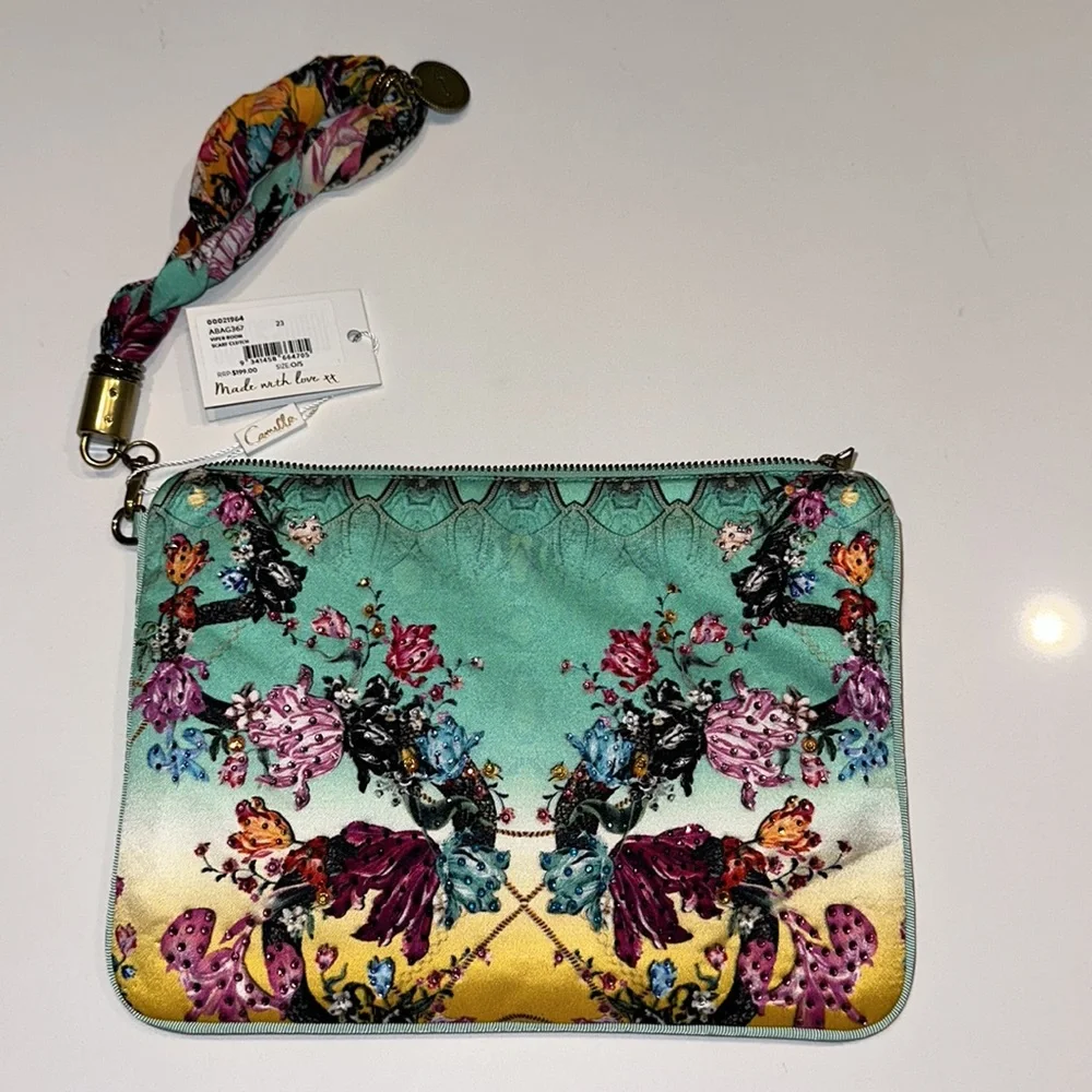 CAMILLA *Viper Room* green floral silk scarf clutch wristlet pouch bag sac